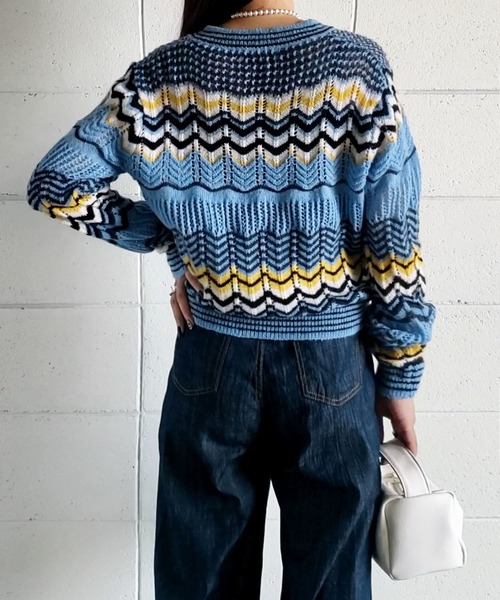 me+em select(ミームセレクト)の「じぐざぐ配色オーバーウールブレンドニット【数量限定販売】(ニット/セーター・レディース・グリーン/ブルー/オレンジ・FREE)」の5枚目の写真