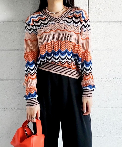 me+em select(ミームセレクト)の「じぐざぐ配色オーバーウールブレンドニット【数量限定販売】(ニット/セーター・レディース・グリーン/ブルー/オレンジ・FREE)」の14枚目の写真