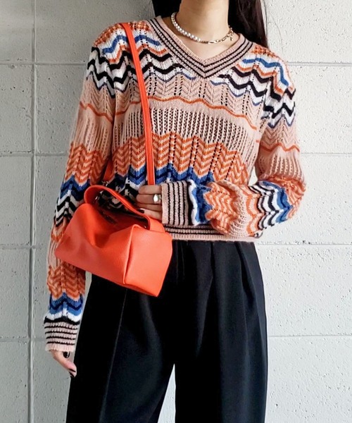 me+em select(ミームセレクト)の「じぐざぐ配色オーバーウールブレンドニット【数量限定販売】(ニット/セーター・レディース・グリーン/ブルー/オレンジ・FREE)」の16枚目の写真