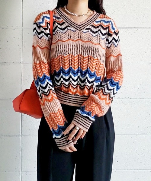 me+em select(ミームセレクト)の「じぐざぐ配色オーバーウールブレンドニット【数量限定販売】(ニット/セーター・レディース・グリーン/ブルー/オレンジ・FREE)」の21枚目の写真
