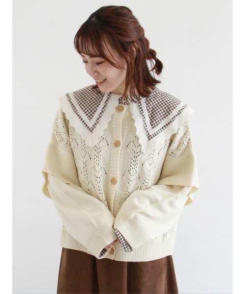 ehka sopo（エヘカソポ）の「透かし編みクルーカーディガン（カーディガン/ボレロ・レディース・ダークブラウン/ベージュ/グレー/キナリ・ﾌﾘ-）」の2枚目の写真