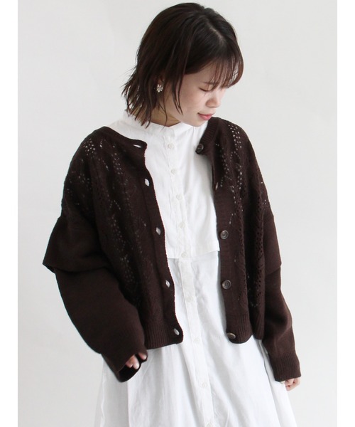 ehka sopo（エヘカソポ）の「透かし編みクルーカーディガン（カーディガン/ボレロ・レディース・ダークブラウン/ベージュ/グレー/キナリ・ﾌﾘ-）」の12枚目の写真