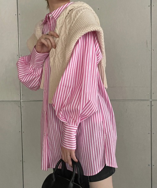 w closet（ダブルクローゼット）の「先染めストライプシャツ羽織（シャツ/ブラウス・レディース・ピンク/グリーン/ブラック・FREE）」の3枚目の写真