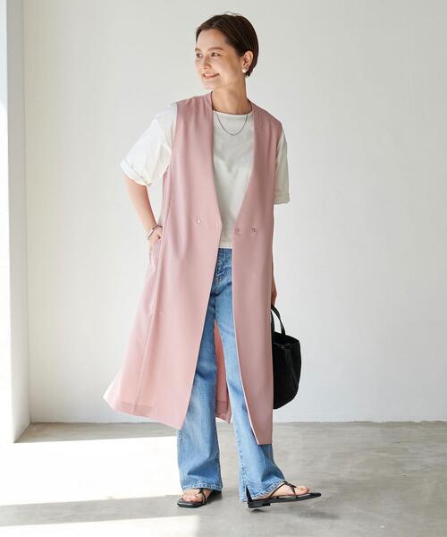 green label relaxing（グリーンレーベルリラクシング）の「【WEB限定】［ XS /H148-155㎝］Pトロ ノーラペル ジレ -マシンウォッシャブル・ストレッチ・防シワ-（ベスト・レディース・ダークグレー/ベージュ/ピンク・XS）」の3枚目の写真