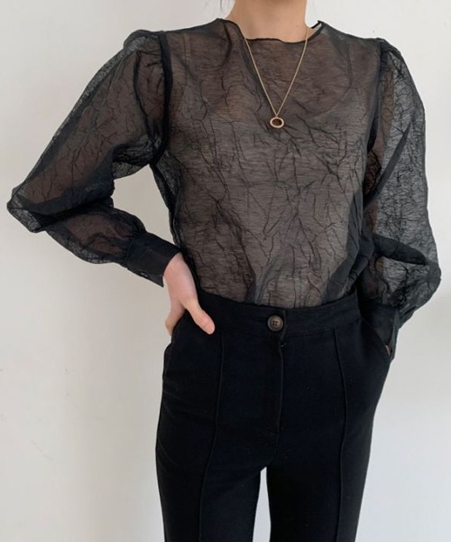 HALEY PESCA（ヘーリーペスカ）の「HALEY PESCA/シースルー パフスリーブブラウス（シャツ/ブラウス・レディース・ブラック/アイボリー・FREE）」の12枚目の写真