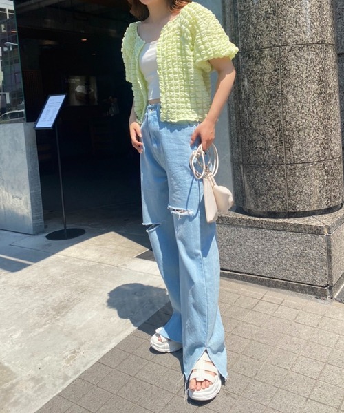 one after another NICE CLAUP（ワンアフターアナザーナイスクラップ）の「羽織にもなるぷくぷくトップス（シャツ/ブラウス・レディース・ブラック/ライトグリーン/アイボリー・FREE）」の9枚目の写真