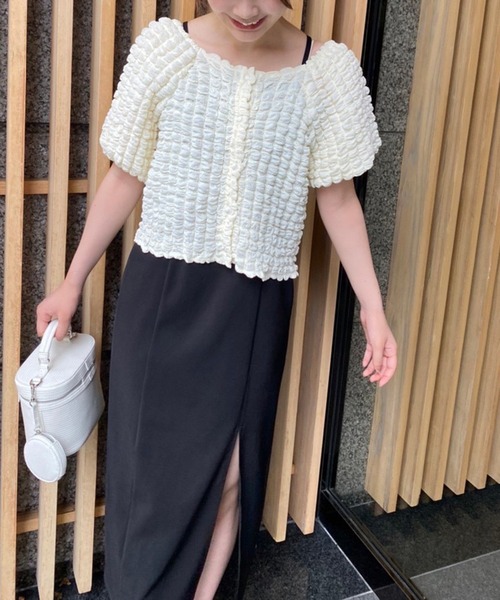 one after another NICE CLAUP（ワンアフターアナザーナイスクラップ）の「羽織にもなるぷくぷくトップス（シャツ/ブラウス・レディース・ブラック/ライトグリーン/アイボリー・FREE）」の15枚目の写真