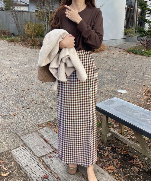 LAUIR（ラウアー）の「フロントボタンIラインチェックスカート（スカート・レディース・ライトブラウン/ブラック/ネイビー/グリーン/ホワイト×ブラウン・MEDIUM/LARGE/SMALL）」の15枚目の写真