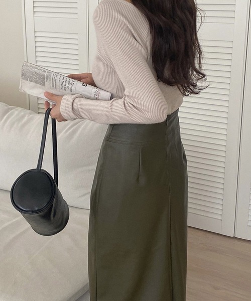 【美品】フェイクレザータイトスカート　モカ 3サイズ展開】【手洗い可能】【伸縮性◎】フェイクレザータイト