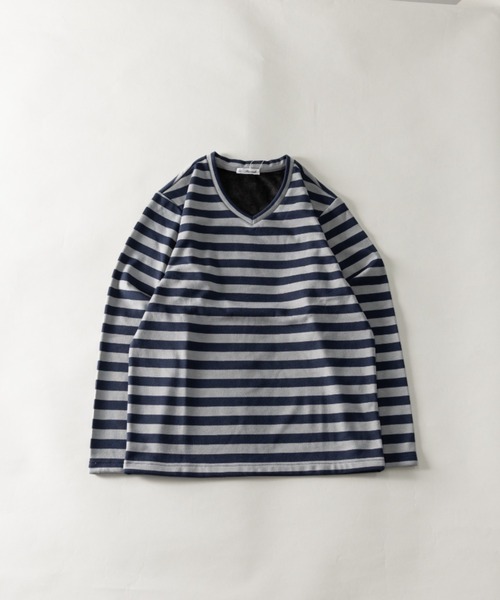 BARCEDOS（バルセドス）の「裏ベロア ボーダー柄 Vネック ロングTシャツ（Tシャツ/カットソー・メンズ・ベージュ×ブラック/ネイビー×ホワイト/チャコールグレー×ブラック/ネイビー系/ブラック×グレー・L/LL/M）」の5枚目の写真