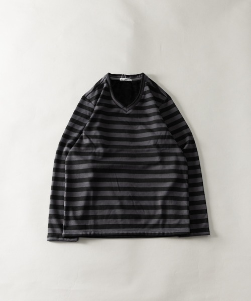 BARCEDOS（バルセドス）の「裏ベロア ボーダー柄 Vネック ロングTシャツ（Tシャツ/カットソー・メンズ・ベージュ×ブラック/ネイビー×ホワイト/チャコールグレー×ブラック/ネイビー系/ブラック×グレー・L/LL/M）」の2枚目の写真