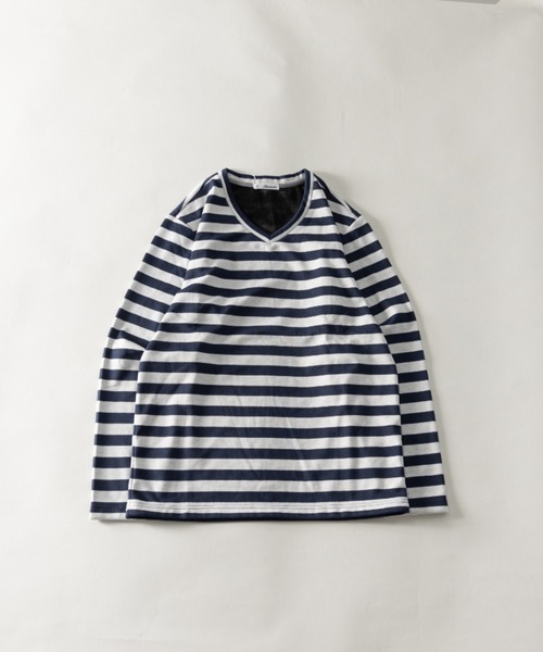 BARCEDOS（バルセドス）の「裏ベロア ボーダー柄 Vネック ロングTシャツ（Tシャツ/カットソー・メンズ・ベージュ×ブラック/ネイビー×ホワイト/チャコールグレー×ブラック/ネイビー系/ブラック×グレー・L/LL/M）」の4枚目の写真