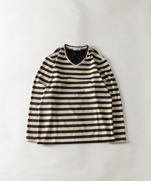 BARCEDOS（バルセドス）の「裏ベロア ボーダー柄 Vネック ロングTシャツ（Tシャツ/カットソー・メンズ・ベージュ×ブラック/ネイビー×ホワイト/チャコールグレー×ブラック/ネイビー系/ブラック×グレー・L/LL/M）」の3枚目の写真