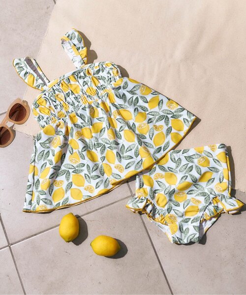 apres les cours（アプレレクール）の「【UVカット/リンク可能】リーフフルーツ・ギンガムチェックワンピース風セパレート水着（水着・キッズ・イエロー/ラベンダー・90/100/140/110/120/130/80）」の2枚目の写真