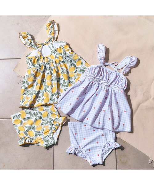 apres les cours（アプレレクール）の「【UVカット/リンク可能】リーフフルーツ・ギンガムチェックワンピース風セパレート水着（水着・キッズ・イエロー/ラベンダー・90/100/140/110/120/130/80）」の4枚目の写真