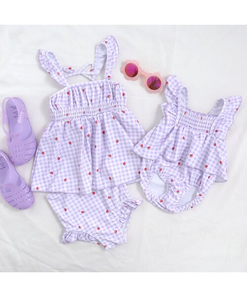 apres les cours（アプレレクール）の「【UVカット/リンク可能】リーフフルーツ・ギンガムチェックワンピース風セパレート水着（水着・キッズ・イエロー/ラベンダー・90/100/140/110/120/130/80）」の10枚目の写真