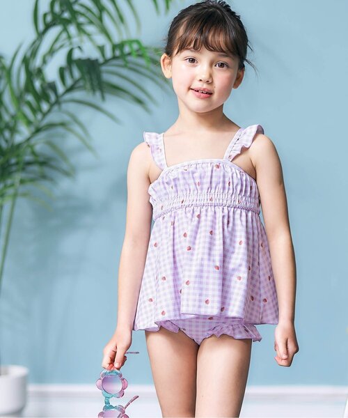 apres les cours（アプレレクール）の「【UVカット/リンク可能】リーフフルーツ・ギンガムチェックワンピース風セパレート水着（水着・キッズ・イエロー/ラベンダー・90/100/140/110/120/130/80）」の6枚目の写真