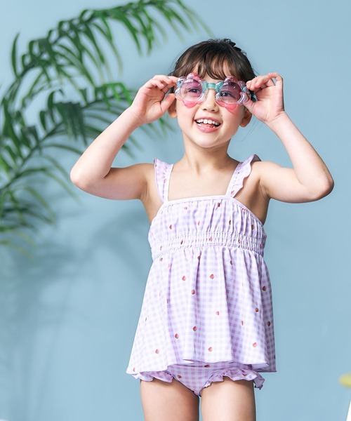 apres les cours（アプレレクール）の「【UVカット/リンク可能】リーフフルーツ・ギンガムチェックワンピース風セパレート水着（水着・キッズ・イエロー/ラベンダー・90/100/140/110/120/130/80）」の8枚目の写真