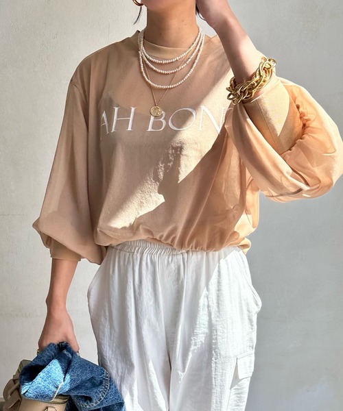 DouDou(ドゥドゥ)の「【WEB限定】AH BON シアーロゴTEE(Tシャツ/カットソー・レディース・ブルー/アイボリー/ベージュ・FREE)」の2枚目の写真