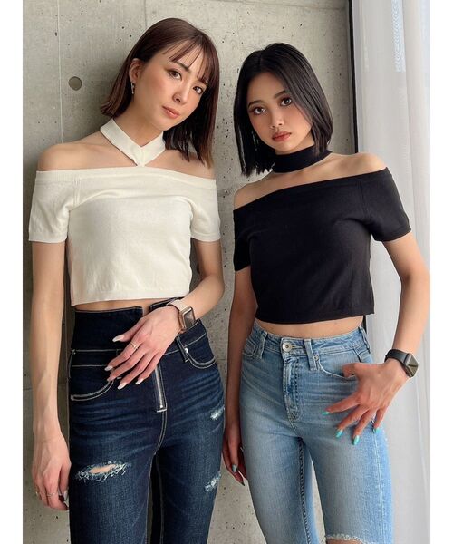 GYDA（ジェイダ）の「2way チョーカー ニット TOPS（ニット/セーター・レディース・ブラック/オフホワイト・FREE）」の3枚目の写真