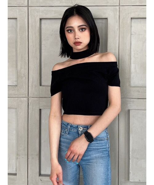 GYDA（ジェイダ）の「2way チョーカー ニット TOPS（ニット/セーター・レディース・ブラック/オフホワイト・FREE）」の7枚目の写真