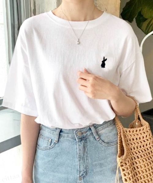 Dalfwin（ダールフィン）の「韓国ファッション ラビット刺繍オーバーサイズ半袖Tシャツ（Tシャツ/カットソー・レディース・ピンク/ホワイト/ネイビー/クリーム・FREE）」の7枚目の写真