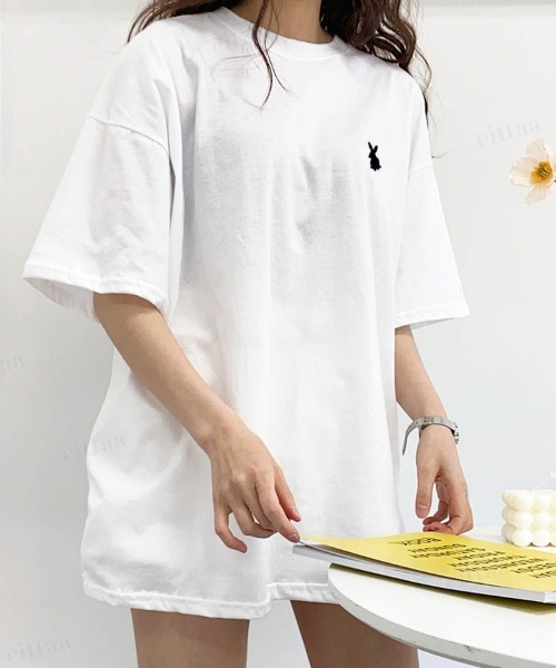 Dalfwin（ダールフィン）の「韓国ファッション ラビット刺繍オーバーサイズ半袖Tシャツ（Tシャツ/カットソー・レディース・ピンク/ホワイト/ネイビー/クリーム・FREE）」の8枚目の写真