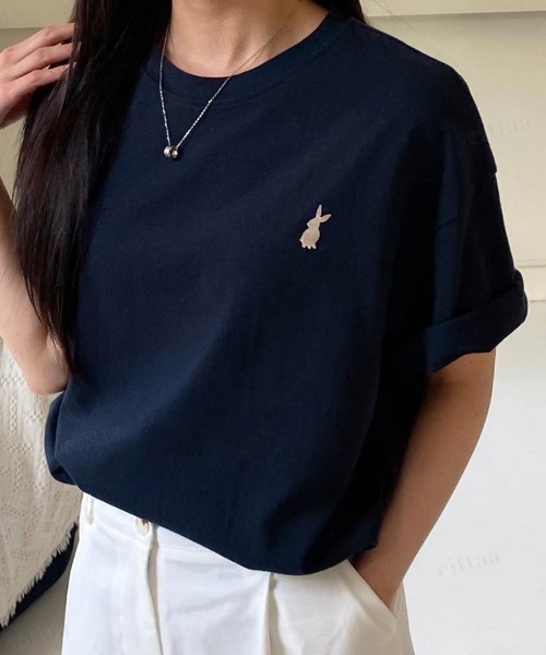 Dalfwin（ダールフィン）の「韓国ファッション ラビット刺繍オーバーサイズ半袖Tシャツ（Tシャツ/カットソー・レディース・ピンク/ホワイト/ネイビー/クリーム・FREE）」の12枚目の写真