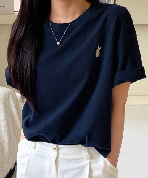 Dalfwin（ダールフィン）の「韓国ファッション ラビット刺繍オーバーサイズ半袖Tシャツ（Tシャツ/カットソー・レディース・ピンク/ホワイト/ネイビー/クリーム・FREE）」の13枚目の写真