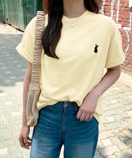 Dalfwin（ダールフィン）の「韓国ファッション ラビット刺繍オーバーサイズ半袖Tシャツ（Tシャツ/カットソー・レディース・ピンク/ホワイト/ネイビー/クリーム・FREE）」の15枚目の写真