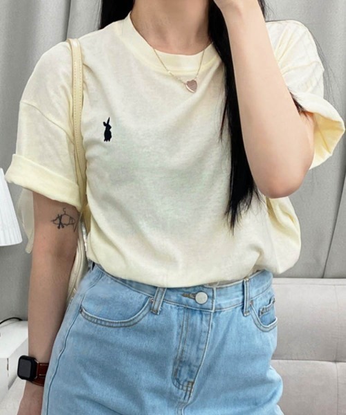 Dalfwin（ダールフィン）の「韓国ファッション ラビット刺繍オーバーサイズ半袖Tシャツ（Tシャツ/カットソー・レディース・ピンク/ホワイト/ネイビー/クリーム・FREE）」の16枚目の写真