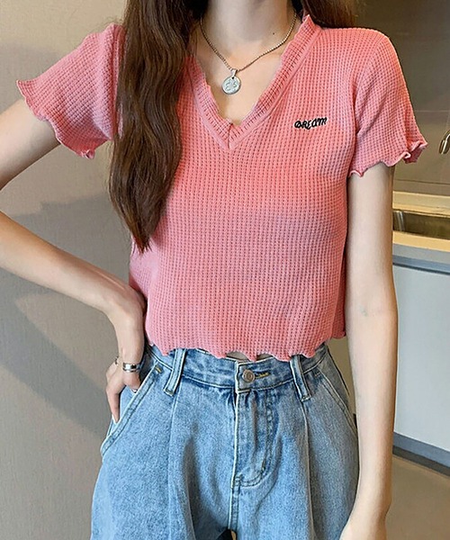 NinaetLina（ニナエリナ）の「メロウフリルショート丈半袖Tシャツ（Tシャツ/カットソー・レディース・ホワイト/ピンク/ブルー/ブラック/パープル・FREE）」の5枚目の写真