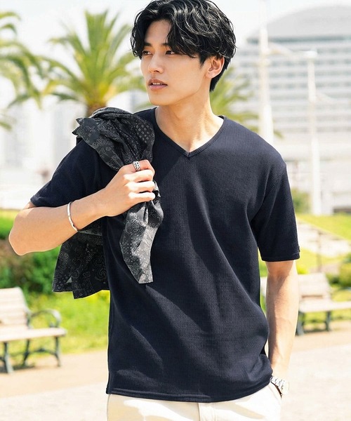 jiggys shop(ジギーズショップ)の「ワッフルサーマル Vネック 半袖Tシャツ カットソー(Tシャツ/カットソー・メンズ・ネイビー/ホワイト/ミックスグレー/ブラック/オリーブ・X-LARGE/MEDIUM/SMALL/LARGE)」の5枚目の写真