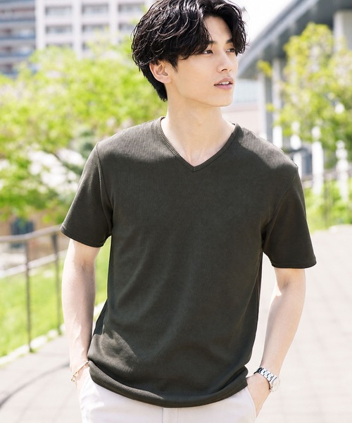 jiggys shop(ジギーズショップ)の「ワッフルサーマル Vネック 半袖Tシャツ カットソー(Tシャツ/カットソー・メンズ・ネイビー/ホワイト/ミックスグレー/ブラック/オリーブ・X-LARGE/MEDIUM/SMALL/LARGE)」の4枚目の写真