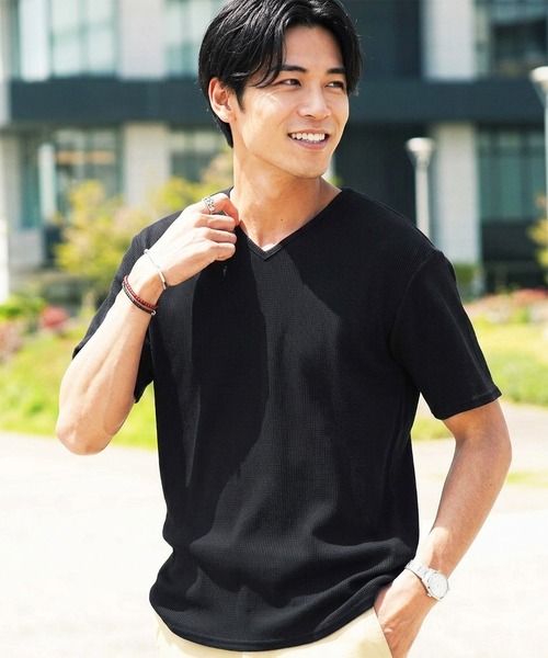 jiggys shop(ジギーズショップ)の「ワッフルサーマル Vネック 半袖Tシャツ カットソー(Tシャツ/カットソー・メンズ・ネイビー/ホワイト/ミックスグレー/ブラック/オリーブ・X-LARGE/MEDIUM/SMALL/LARGE)」の1枚目の写真