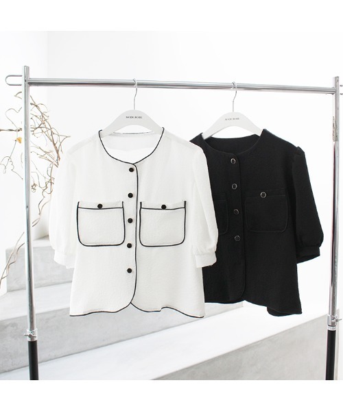 MODE ROBE（モードローブ）の「パイピングポケットデザイントップス（シャツ/ブラウス・レディース・ホワイト/ブラック・FREE）」の7枚目の写真