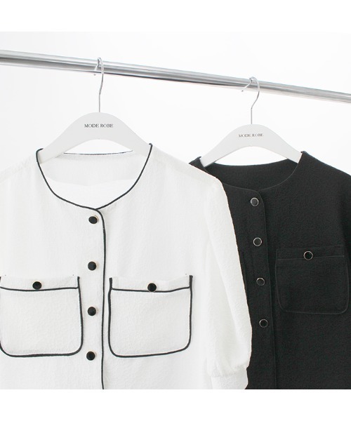 MODE ROBE（モードローブ）の「パイピングポケットデザイントップス（シャツ/ブラウス・レディース・ホワイト/ブラック・FREE）」の10枚目の写真
