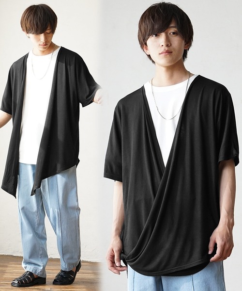 MinoriTY(マイノリティ)の「【MinoriTY】柔らか素材2WAYカシュクール カーディガン メンズ ウィメンズ ユニセックス カットソー 秋服 夏服(カーディガン/ボレロ・メンズ・ブラック/ライトグレー/パープル・L/S/M)」の2枚目の写真