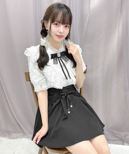 すもも様 ROJITA フリル付きシャツ 半袖 ロジータ ROJITA ハートフロッキー半袖フリルブラウス （ピンク