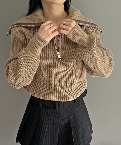 Jewelobe(ジュエローブ)の「ハーフジップワイドカラーニットプルオーバー(ニット/セーター・レディース・モカ/グリーン/ベージュ/グレー・FREE)」の13枚目の写真