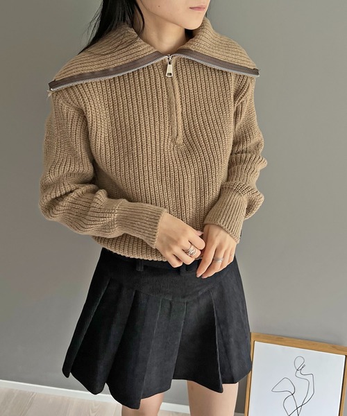 Jewelobe(ジュエローブ)の「ハーフジップワイドカラーニットプルオーバー(ニット/セーター・レディース・モカ/グリーン/ベージュ/グレー・FREE)」の14枚目の写真