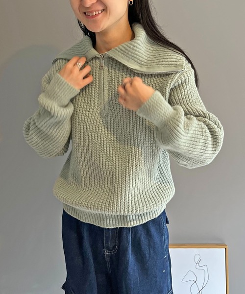 Jewelobe(ジュエローブ)の「ハーフジップワイドカラーニットプルオーバー(ニット/セーター・レディース・モカ/グリーン/ベージュ/グレー・FREE)」の19枚目の写真