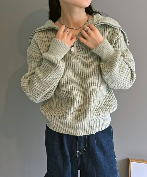 Jewelobe(ジュエローブ)の「ハーフジップワイドカラーニットプルオーバー(ニット/セーター・レディース・モカ/グリーン/ベージュ/グレー・FREE)」の20枚目の写真