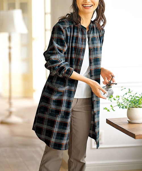 BELLUNA PLUS（ベルーナ）の「袖ゴム使いチェック柄シャツチュニック