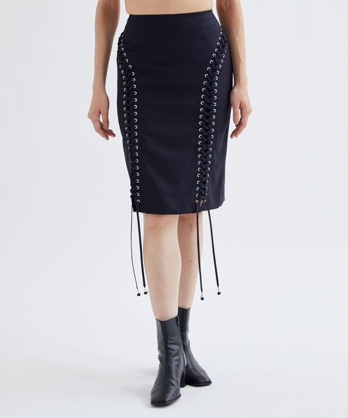 JOHN LAWRENCE SULLIVAN(ジョンローレンスサリバン)の「【JOHN LAWRENCE SULLIVAN/ジョンローレンスサリバン】WOOL GABARDINE LACE-UP SKIRT/ウールギャバジンレースアップスカート(スカート・レディース・ネイビー・XS)」の3枚目の写真