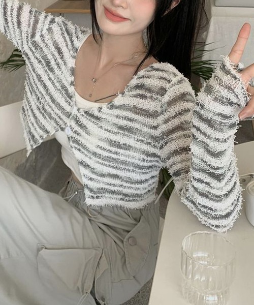 HALEY PESCA(ヘーリーペスカ)の「HALEY PESCA/モノトーンボーダーカーディガン(カーディガン/ボレロ・レディース・ブラック/ホワイト・FREE)」の1枚目の写真