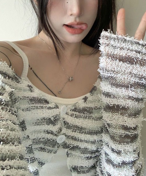 HALEY PESCA(ヘーリーペスカ)の「HALEY PESCA/モノトーンボーダーカーディガン(カーディガン/ボレロ・レディース・ブラック/ホワイト・FREE)」の9枚目の写真