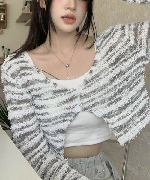 HALEY PESCA(ヘーリーペスカ)の「HALEY PESCA/モノトーンボーダーカーディガン(カーディガン/ボレロ・レディース・ブラック/ホワイト・FREE)」の5枚目の写真