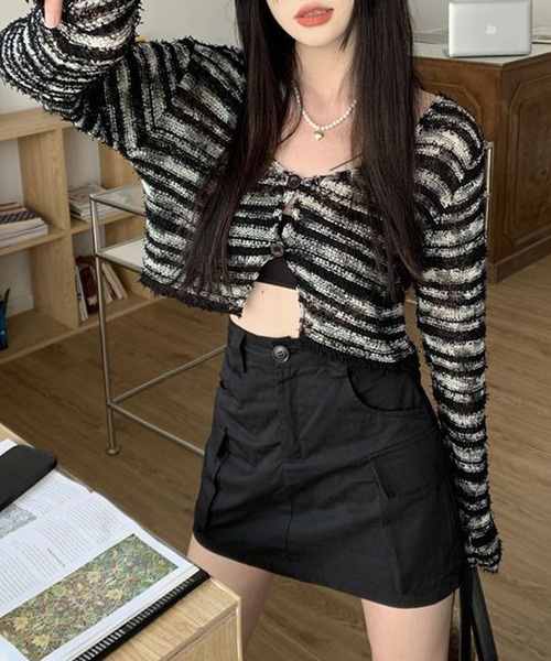 HALEY PESCA(ヘーリーペスカ)の「HALEY PESCA/モノトーンボーダーカーディガン(カーディガン/ボレロ・レディース・ブラック/ホワイト・FREE)」の3枚目の写真