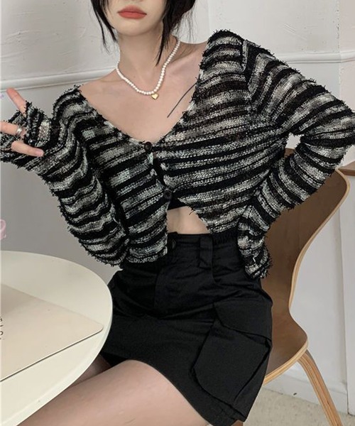 HALEY PESCA(ヘーリーペスカ)の「HALEY PESCA/モノトーンボーダーカーディガン(カーディガン/ボレロ・レディース・ブラック/ホワイト・FREE)」の15枚目の写真